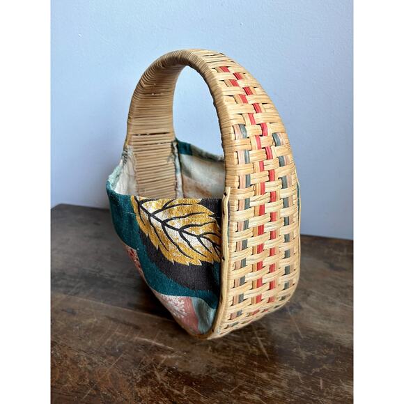 Vintage Rattan and Barkcloth Top Handle Purse | 70's Purse Handbag - Picture 3 of 9